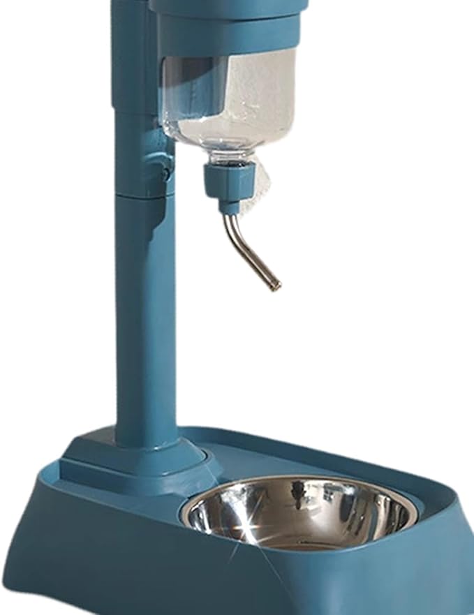 Pet Feeder Waterer Water Bottle Stand Adjustable Height 2 in 1 Food Container Automatic Food Feeder Dog Bowl for Rabbits Cat, Blue