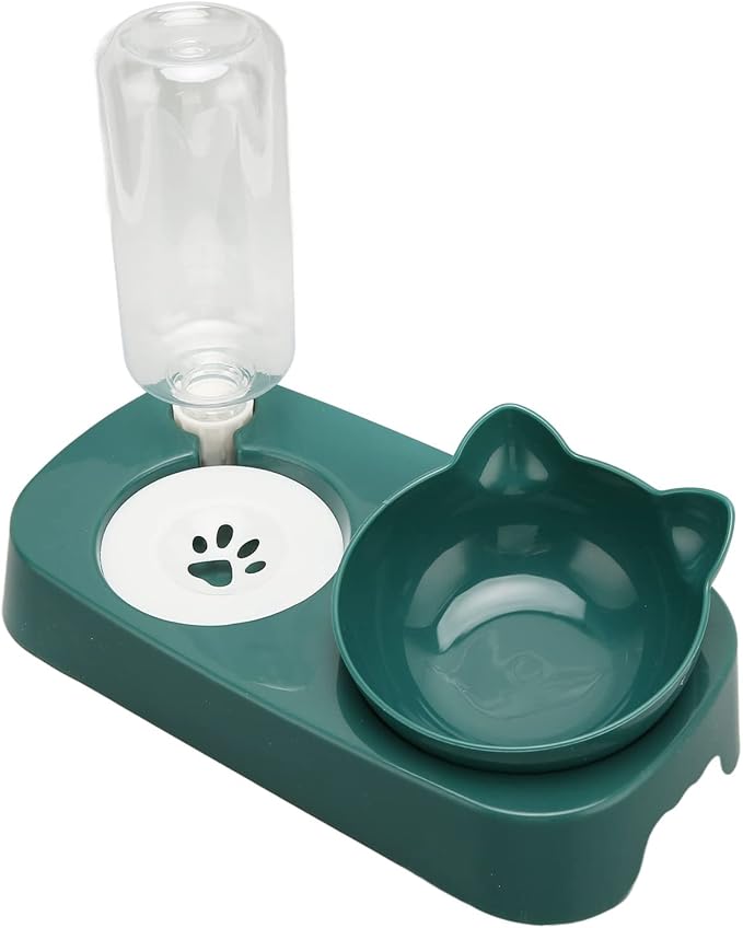 Pet Water Food Bowls - PP Raised Detachable Automatic Water Feeder - Pets Water and Food Bowl Set, Strainer Design, Protection from Dust for Small Medium Cat Dog (Dark Green)
