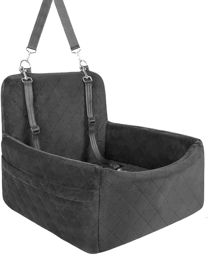 Dog Booster Car Seat for Small Medium Dogs, Memory Foam Elevated Pet Car Seat with 2 Safety Leashes, Fully Detachable Washable Cover & Anti-Slip Bottom(Black Grey)
