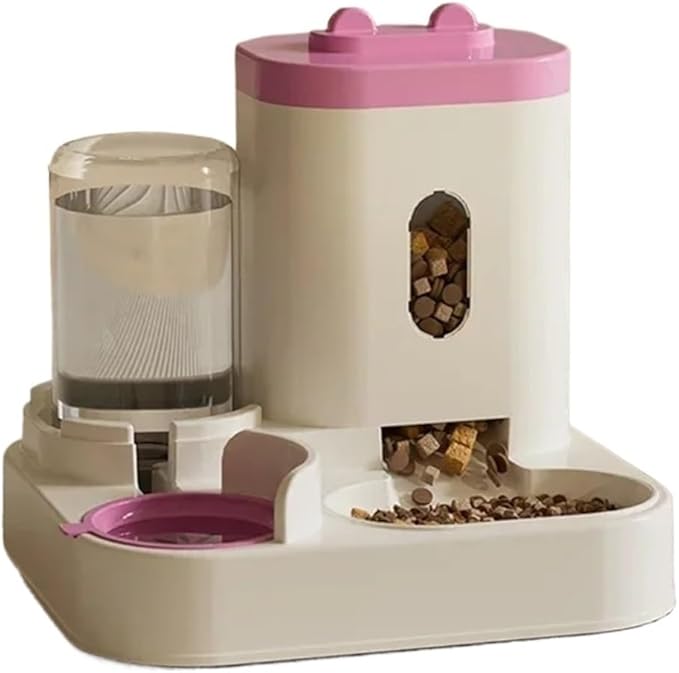 Automatic Feeder Dog Cat Food Bowl with Water Fountain Large Capacity Pet Storage Dispenser Container Puppy Accessories(Pink)