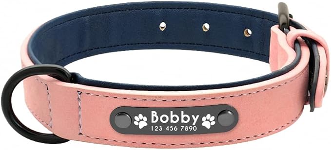 Personalized Dog Collar Custom Leather Dog Collars Inner Padded Pet ID Collar for Small Medium Large Dogs Pitbull Bulldog Pink XXL