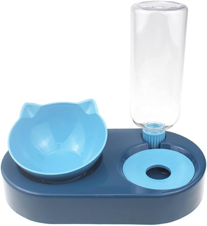 Dog Bowl with Stand Automatic Water Storage Dispenser Pet Cat Food 2-in-1 Splash-Proof Container Elevated Removable(Blue)