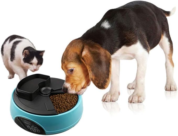 Ice Compartment Pet Automatic Feeder Cat Dog Feeding Dog 4 Meals Automatic Feeding Device Round Timing Quantitative Portable (Color : Yellow) (Blue)