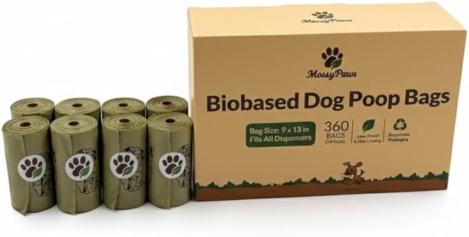 MossyPaws Biobased Dog Poop Bags – 360 Count (24 Rolls) – Plant-Based, Leak-Proof, Durable – Eco-Friendly Pet Waste Bags with Recyclable Packaging – 9x13 Inch – Fits All Dispensers