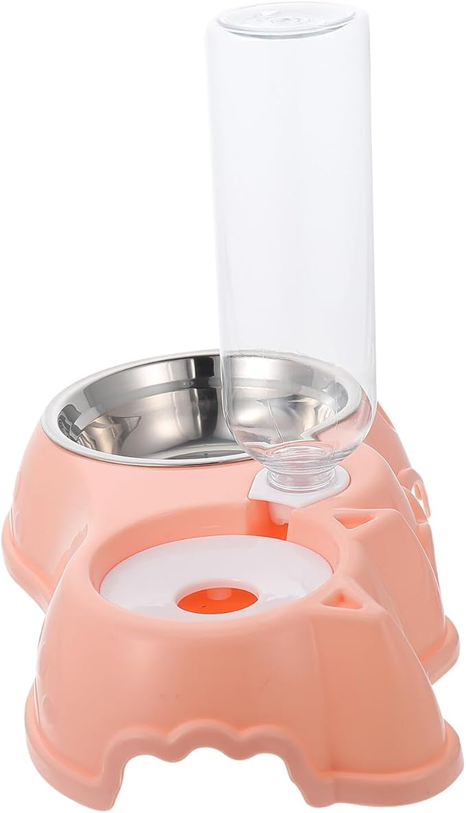 HEMOTON Automatic Dual Pet Feeder and Water Bowl Set, Pink Plastic Cat and Dog Food Dispenser with Water Bottle, Suitable for Puppies and Kittens, Convenient Pet Feeding Solution