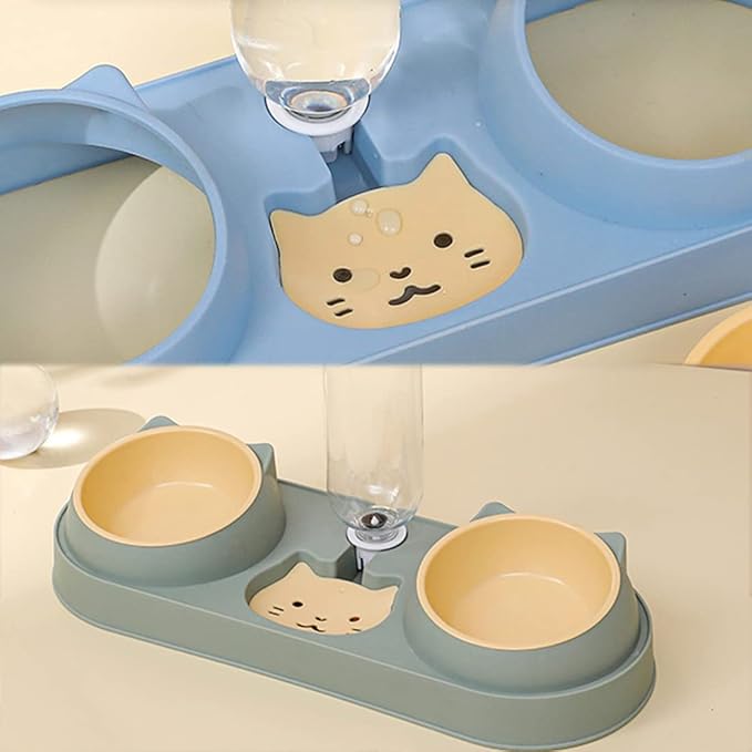 Mltao Pet Feeder, Sky Blue Automatic 3 in 1 Cat Feeder Bowl with Water Dispenser, Plastic Raised Cat Dishes, Wet and Dry Food Bowl Set for Small Dogs, Cats, Rabbits