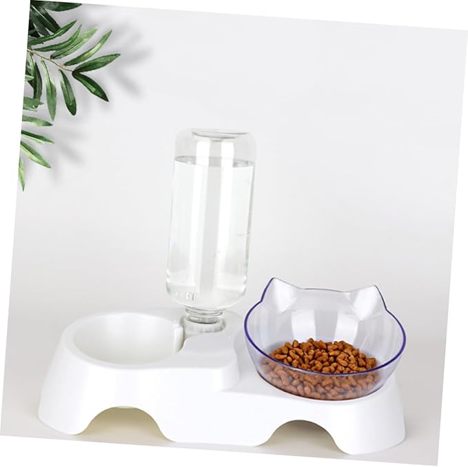 Multi-Function Pet Bowl Set Automatic Water Feeder for Cats and Dogs Dual-Bowl Design with Tilt for Comfortable Eating and Drinking Suitable for Small to Medium Pets White