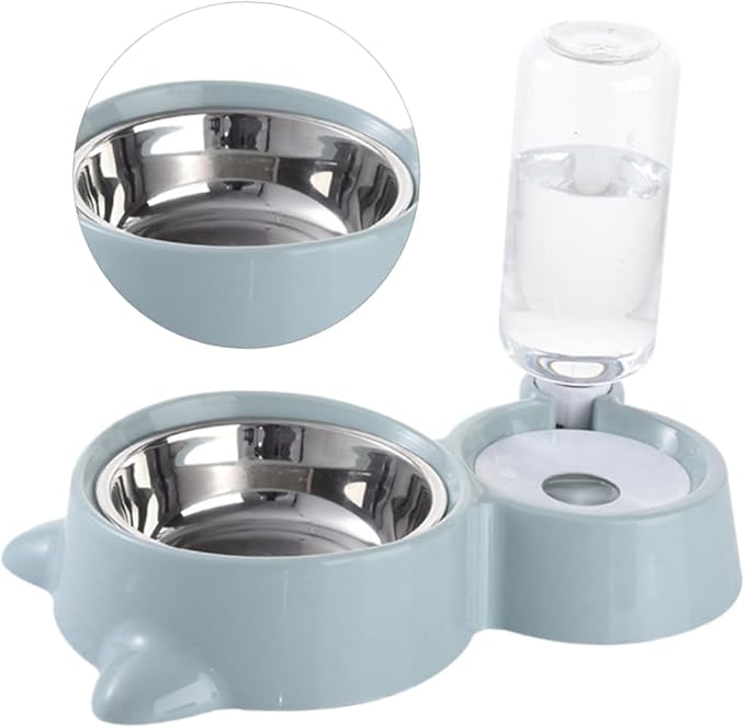 Pet Dual Water and Food Feeder Bowl for Cats and Dogs Blue Convenient Automatic Drinking and Feeding Non-Skid Design Smooth Surface for Home Decor