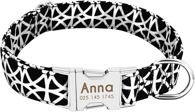 Personalized Dog Collar Nylon Print Dog Collars Customized Puppy Pet Collar Engraved Name ID for Small Medium Large Big Dogs Pug 012 Black S