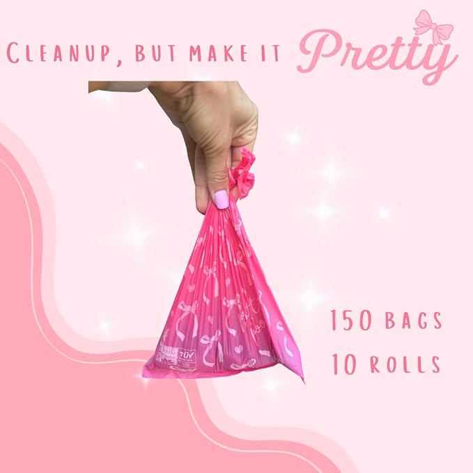 Pretty Dog Poop Bags - 150 Count, Certified Home Compostable, Leakproof, Extra Thick, Tear Resistant, Pink, Vanilla Scented, Sugar Bows