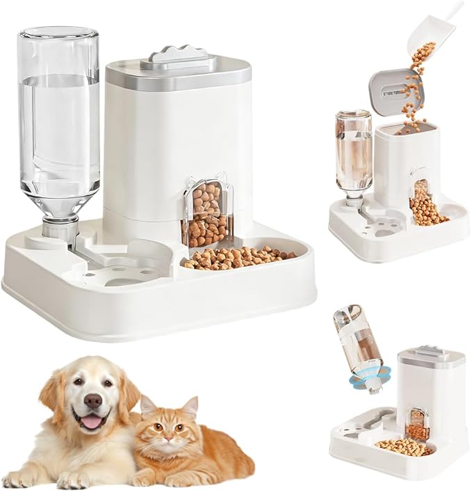 10L Automatic Pet Feeder and Water Dispenser Combo, Gravity Food and Water Station with 1-10L Adjustable Capacity, Non-Slip Base for Cats, Dogs, and Multiple Pets (Grey)