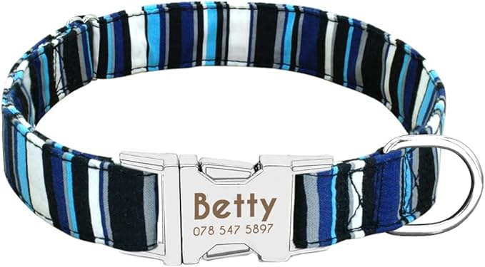 Personalized Dog Collar Nylon Print Dog Collars Customized Puppy Pet Collar Engraved Name ID for Small Medium Large Big Dogs Pug 012 Blue L