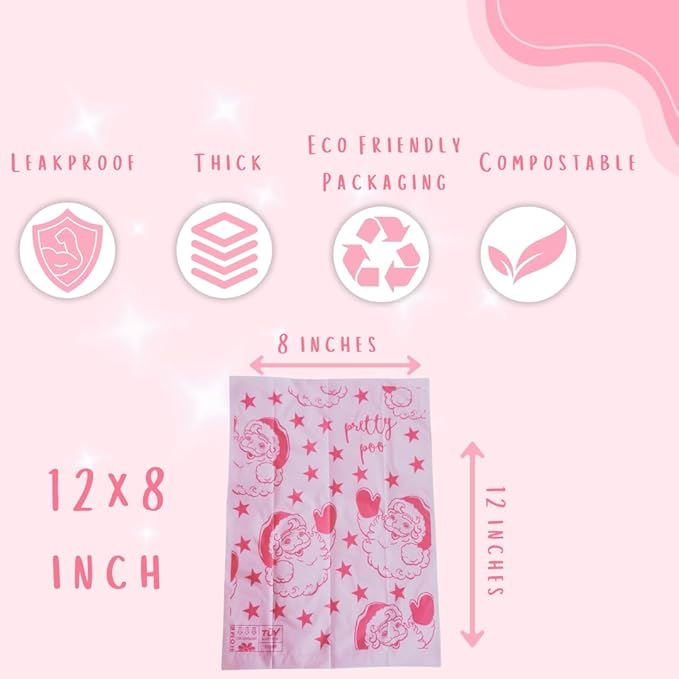 Pretty Dog Poop Bags - 150 Count, Certified Home Compostable, Leakproof, Extra Thick, Tear Resistant, Pink, Vanilla Scented, Sassy Santa