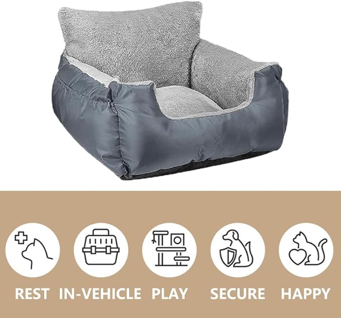 Dog Car Seat for Small Dogs, Fully Detachable and Washable Cat Carseats Under 25 lbs, Soft Pet Booster Seats with Storage Pockets and Clip-On Leash Portable Car Travel Carrier Bed (Grey, Large)
