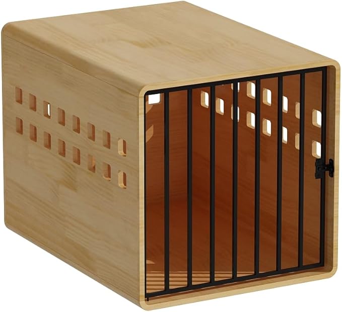 Wooden Furniture Dog Crate for Medium & Small, Solid Wood Puppy Crates for Small Indoor, Decorative Dog Kennel Indoor with Door, Pet House End Table for Bedroom, Living Room, Natural