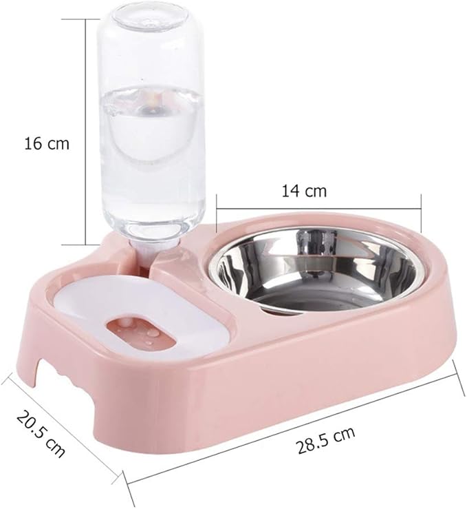 POPETPOP Dual Dog Bowls-Dog Water Dispenser Stainless Steel Pet Bowls No-Spill Station, Cat Food Water Feeder with Automatic Water Bottle-Pink