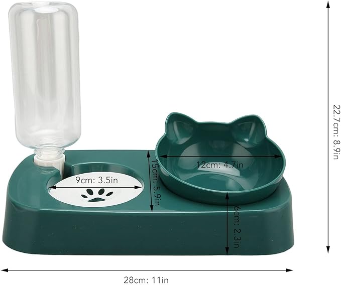 Pet Water Food Bowls - PP Raised Detachable Automatic Water Feeder - Pets Water and Food Bowl Set, Strainer Design, Protection from Dust for Small Medium Cat Dog (Dark Green)