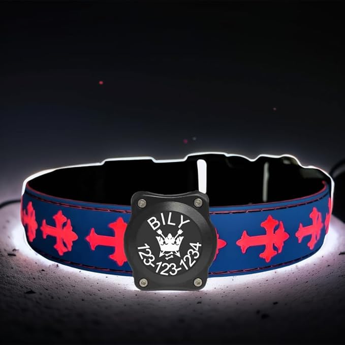 Personalized Name and Phone Nr Dog Collar with airtag Holder Waterproof Light up (Blue, L(15.7-19.7"))