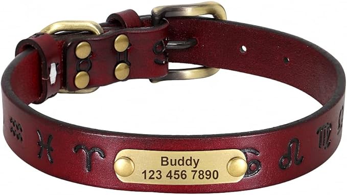 Custom Leather Dog Collar Personalized Dog Collars Leather Gold Buckle German Shepherd Pet ID Collar for Small Medium Large Dogs Red L