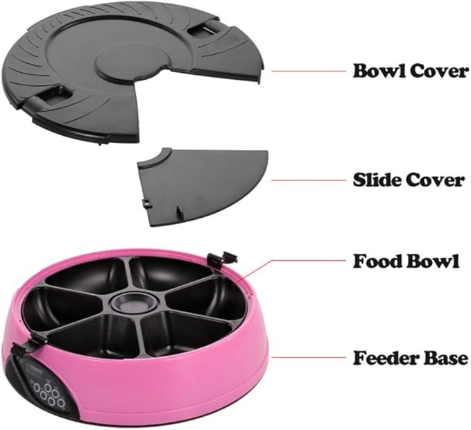 6 Meal Automatic Pet Feeder with Programmable Timer,Food Dispenser,Portion Control,with Voice Remind,LCD Smart Self Feeder for Cats Dogs and Rabbits,Pink