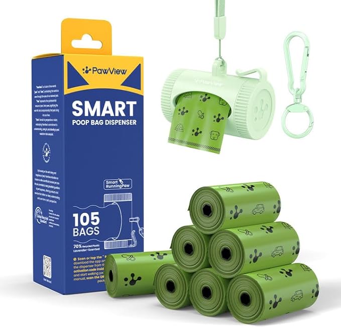 Dog Poop Bag Rolls with Retractable Poop Bag Holder, Leak Proof and Extra Thick Lavender Pet Waste Bags, 70% Recycled GRS Certified, 1 Dispenser and 105 Bags for Doggy Walking & Cat Litter