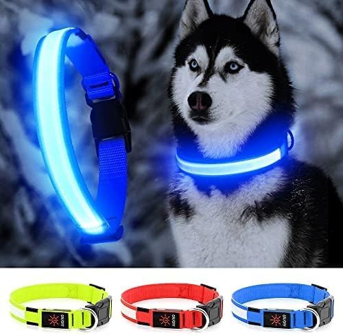 YFbrite Ultra Light Adjustable LED Dog Collar, Light up Dog Collars Rechargeable Glowing in The Dark Collars Visiblity & Safety for Small, Medium, Large Dogs (Blue, Medium)