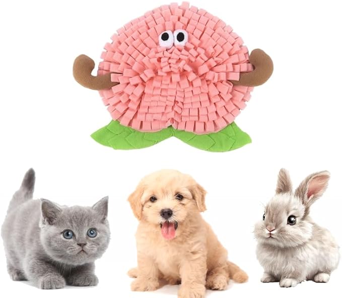 Fruit Shaped Snuffle Mat for Dogs and Cats, Interactive Slow Feeding Toy with Crinkle Paper BB Squeaker and Bell, Peach Watermelon Lemon Pear Design, Soft Fleece with Non-Slip Bottom (peach)