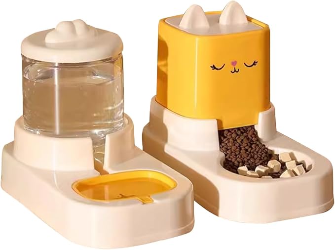 2 Pack Automatic Pet Feeder and Water Dispenser Set, Pet Food Bowl Gravity Dog Feeder and Dog Water Dispenser for Dogs Cats Pets Animals Large Capacity (Yellow)