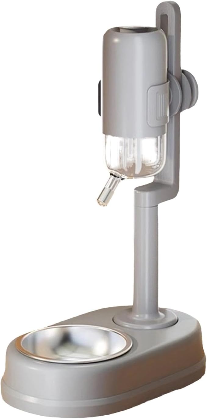 Pet Standing Water Dispenser Feeder Bowl, Dog Automatic Food Dispenser with Water Bottle Combined Bowl, Double Layer Pet Drinking Water Feeder for Both Cats and Dogs (Grey)