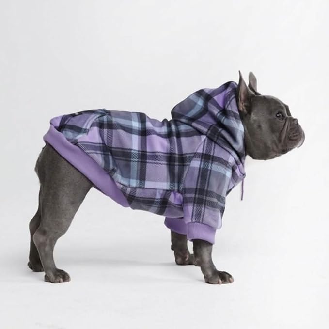 Spark Paws Dog Hoodie – Premium Dog Sweater for Small, Medium, and Large Dogs | Warm Outfits for French Bulldogs, Pitbull, Puppy, Winter Jacket Alternative - Purple Plaid - L