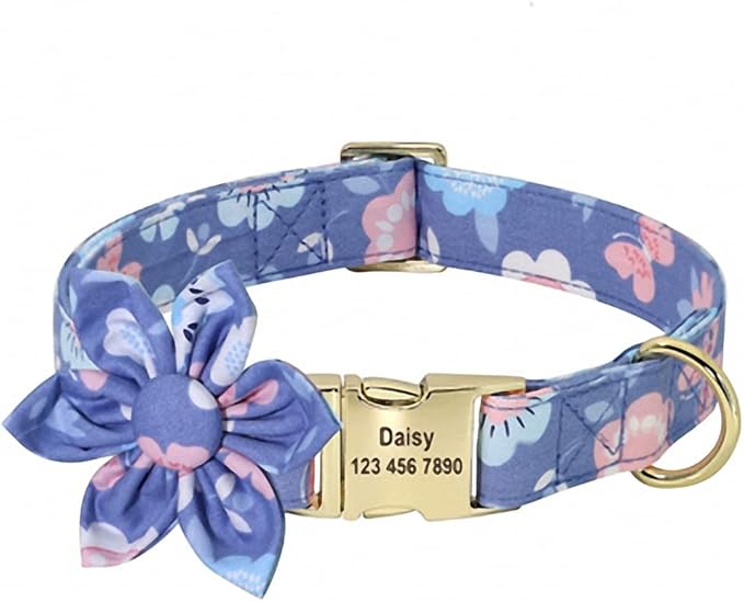 Custom Flower Dog Collar Nylon Floral Printed Pet Dog Collars Personalized Puppy Collar for Small Medium Large Dogs Cat Pitbull 168 Purple L