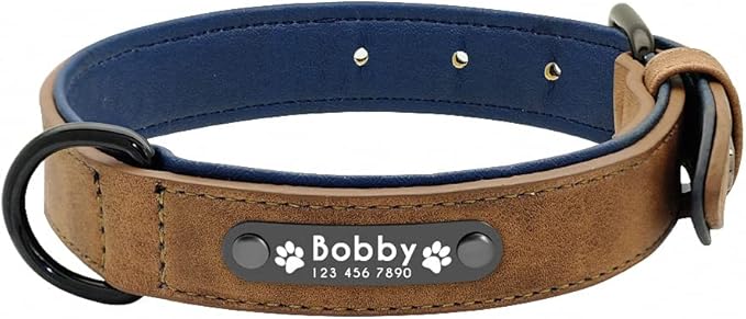Personalized Dog Collar Custom Leather Dog Collars Inner Padded Pet ID Collar for Small Medium Large Dogs Pitbull Bulldog Coffee XL