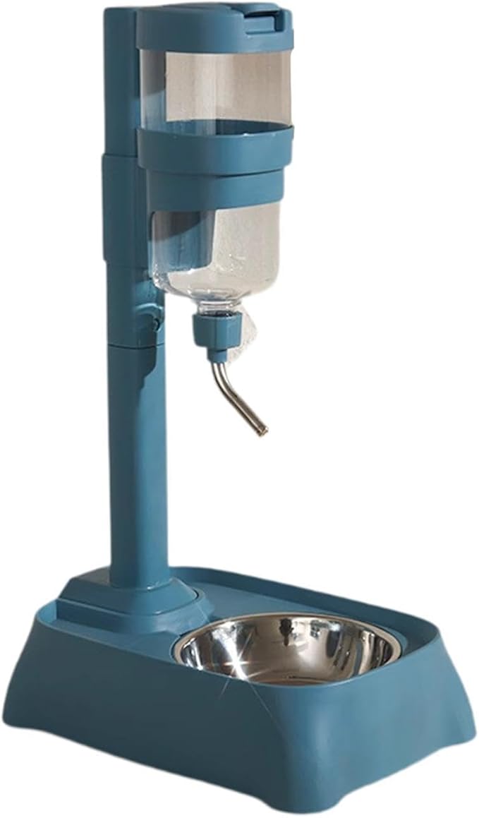 Pet Feeder Waterer Water Bottle Stand Adjustable Height 2 in 1 Food Container Automatic Food Feeder Dog Bowl for Rabbits Cat, Blue