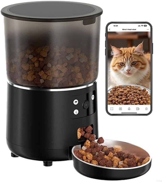 Cats Dog Bowl Automatic Feeder with Camera Timer App Control Time Saving(Black)