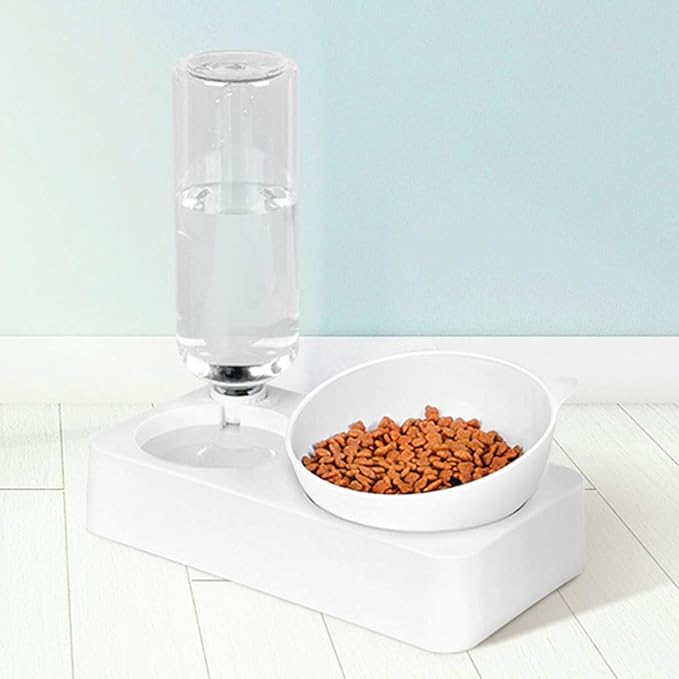 Pet Bowl Automatic Feeder with Water Fountain Double Drinking Raised Stand Dish