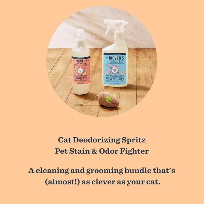 Mrs. MEYER'S Clean Day Cat Care Kit, includes Cat Deodorizing Spritz - White Peach and Pet Stain & Odor Fighter - Coconut Leaf