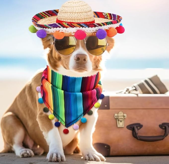 Multicolor Cinco De Mayo Cat Bandana & Dog Triangle Bib - 9 PCS Mexican Pet Bandanna Sunglasses, Sombrero Hat & Mustache Decorations
