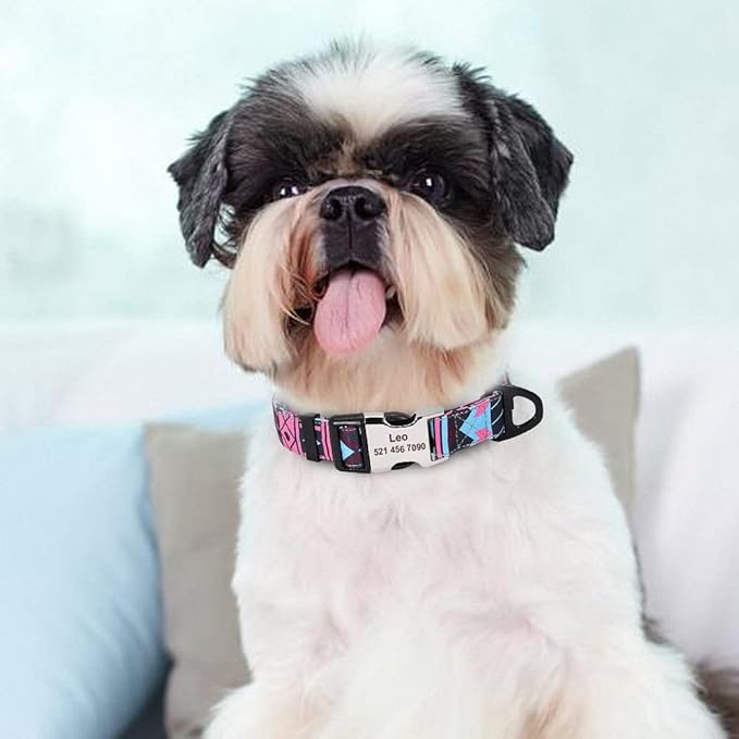 Cute Print Personalized Dog Collar Custom Nylon Dog Collar Engraved Name ID Adjustable for Small Medium Large Dog Chihuahua 160 Rose Collar L