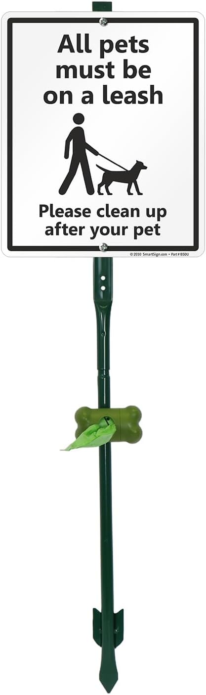 SmartSign All Pets On A Leash Please Clean Up After Your Pet Yard Sign & Clip-On Plastic Dispenser Combo/Kit, 10"x12" Aluminum Sign with 3ft Stake, Compact Dispenser Preloaded with a 15 Poop Bags Roll