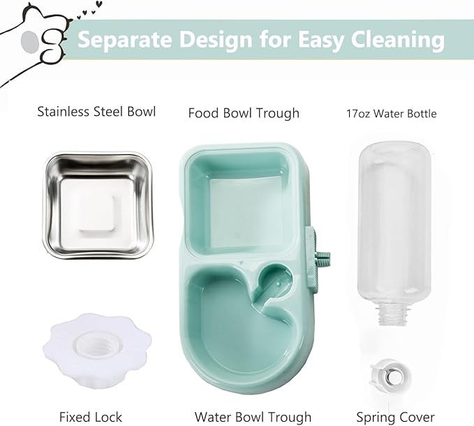 Hanging Dog Bowls, Cage Automatic Cat Food and Water Bowl Set with Water Dispenser and Stainless Steel Bowl, Detachable Gravity Pet Feeder and Waterer Set for Cats Dogs Puppy Rabbit (Blue)