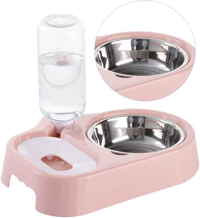 POPETPOP Dual Dog Bowls-Dog Water Dispenser Stainless Steel Pet Bowls No-Spill Station, Cat Food Water Feeder with Automatic Water Bottle-Pink