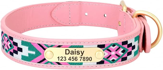 Exotic Custom Dog Collars PU Leather Personalized Pet Name ID Collar Padded Ethnic Collars Adjustable for Small Medium Large Dog Pink XL