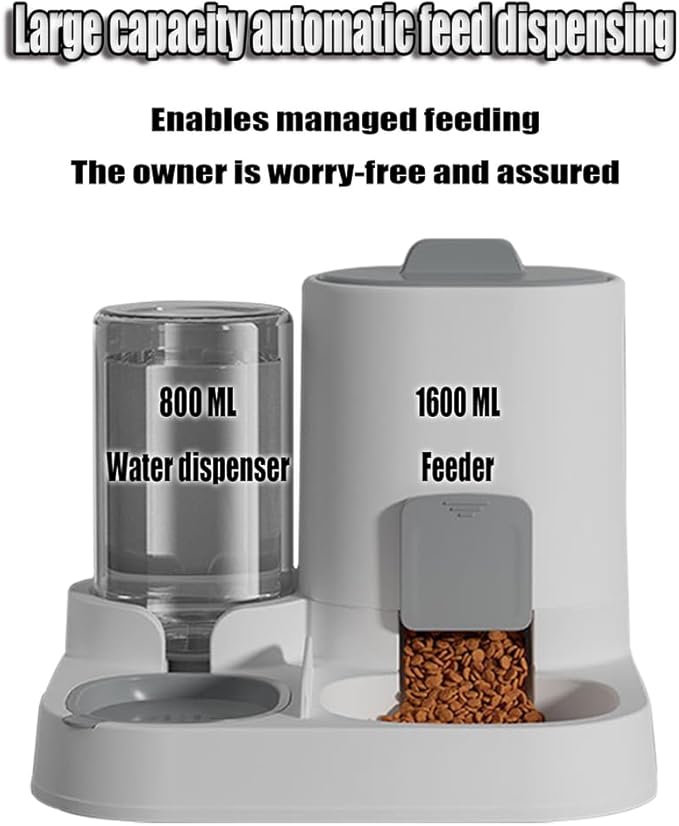 Automatic Pet Feeder for Cats and Small Dogs - 2-in-1 Food and Water Dispenser with Stainless Steel Bowl for Dry Food - Perfect for Small/Medium Dogs, Puppies and Kittens,Gray