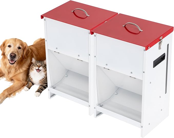 2-Pack Heavy-Duty Metal Dog Feeder - 15LBS Food Capacity Automatic Gravity Dispenser, Powder Coated & Waterproof for Indoor & Outdoor Use, 10.2" L x 8.3" W x 19" H, Red and White