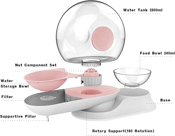 2 In1 Automatic Cats Dogs Water Dispenser Pet Food Bowls Set,No-Spill Dog Water Bottle & Dish Detachable Transparent Pet Feeder for Small Medium Size Dog Cat 2.8L
