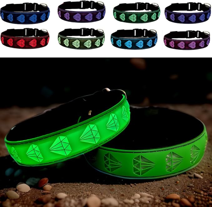 LED Dog Collar with Diamond Pattern, 15 Light Modes, with Bonus Pet ID Tag and Bell (Green, XL(19.7-23.6"))