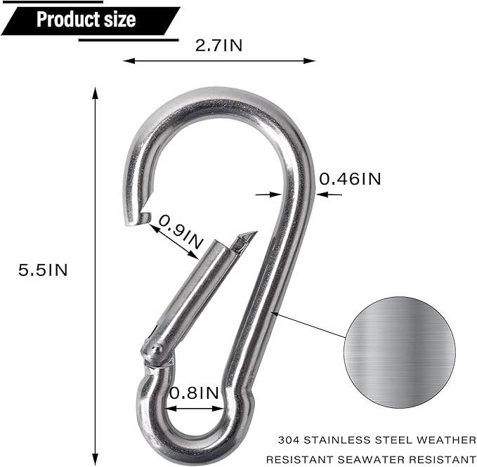 Large Spring Snap Hook Carabiner, 304 Stainless Steel Heavy Duty Carabiners Clip, Stainless Steel Spring Snaps Hooks Carabiners Outdoor