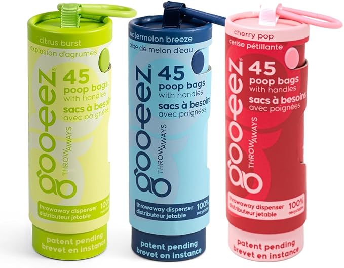 GOO-EEZ Disposable Pet Waste Bag Dispenser 3-Pack (135 ct), Pre-Loaded with 65% Recycled Dog Poop Bags with Easy-Tie Handles, No Refills Needed Twist-and-Pull Design - Fresh Collection