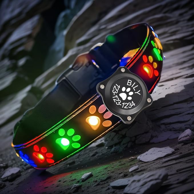 Personalized Flashing USB-C led Light up Dog Collar with Airtag Holder, Waterproof,15 Modes Changing (Black PRO, XL(19.7-23.6"))