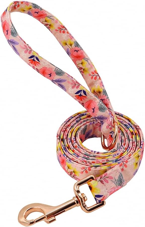 Rhinestone Personalized Dog Collar Leash Set Flower Printed Customized Pet Collar Puppy ID Collar for Small Medium Large Dogs Pink Leash 150cm L